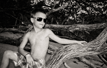 a young boy wearing sunglasses is laying on a tree branch