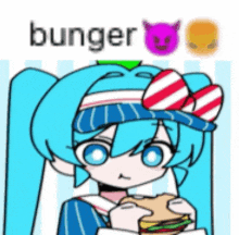 a cartoon of a girl eating a hamburger with the word bunger above her