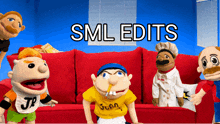 a group of stuffed animals are sitting on a red couch with the words sml edits above them