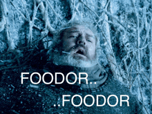 a man with a beard is laying in the snow with the words foodor written above him