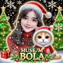 a picture of a woman and a cat in front of a christmas tree with the words museum bola on the bottom