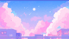 a pixel art drawing of a city with pink clouds and a full moon