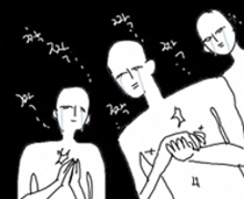 a black and white drawing of a group of people standing next to each other with their hands on their chests .