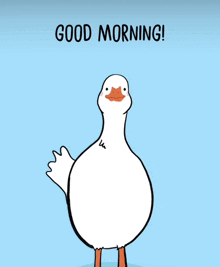 a cartoon of a duck waving with the words good morning written below it