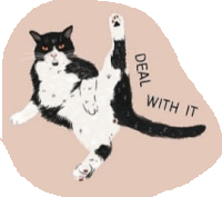 a black and white cat is standing on its hind legs with the words deal with it below it