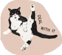 a black and white cat is standing on its hind legs with the words deal with it below it