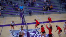 a group of women are playing volleyball on a court with a logo for nebraska state on the floor .