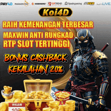 an advertisement for koi4d shows a samurai holding a sword and a treasure chest full of gold coins