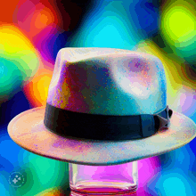 a colorful painting of a fedora hat and a glass