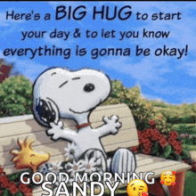 a picture of snoopy and woodstock sitting on a bench with the words " here 's a big hug to start your day