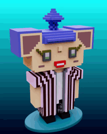 a 3d model of a cartoon character with a striped shirt and a purple hat