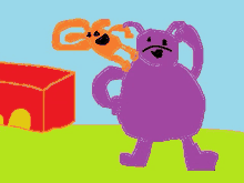 a cartoon of a purple bear standing next to a dog