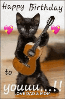 a black cat is holding a guitar in its paws on a birthday card .