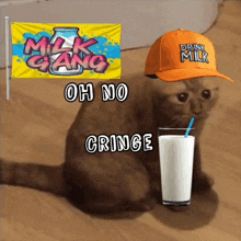 a cat sitting next to a glass of milk and a milk gang banner