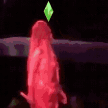 a person in a red hoodie with a green diamond on top of their head .