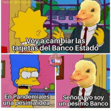 a cartoon of a duck talking to a woman with the words " voy a cambiar las tarjetas del banco estado "