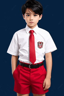 a boy wearing a white shirt and red shorts has a badge on his chest that says sd