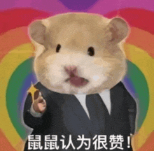 a hamster in a suit is pointing at the camera