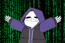 a cartoon character wearing a purple hooded jacket is standing in front of a matrix background