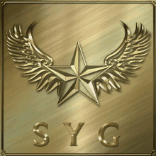 a gold star with wings and the letters syg on the bottom