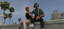 a man and a woman sitting on a wall in a video game