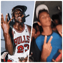 a man in a bulls jersey smoking a cigar and a boy giving the middle finger