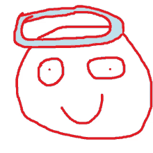 a drawing of a smiling face with a blue halo on its head