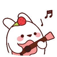 a rabbit with a strawberry on its head is playing a guitar