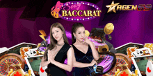 two women are playing baccarat in front of a banner that says sexy baccarat