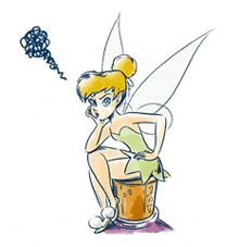 tinkerbell is sitting on a bottle with her hand on her chin and a flower coming out of her head .