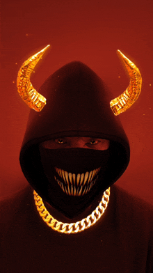 a person with horns and a chain around their neck is wearing a black hoodie