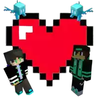 two minecraft characters standing next to a red heart