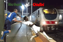 a soccer player is being kicked by a train with the words " we thank mr. chiellini " on the bottom