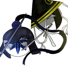 a drawing of a sword and a hat with a blue flower