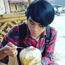 a man in a plaid shirt is eating from a coconut with a spoon