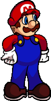 a cartoon drawing of mario wearing a red hat with a letter m on it