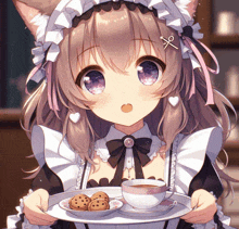 a girl in a maid outfit is holding a tray of cookies and a cup of coffee