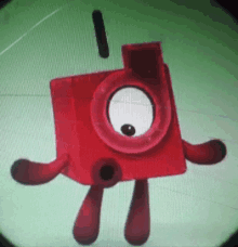 a red cartoon character with a big eye and a black i on its head