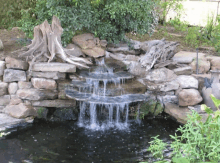 a small waterfall is surrounded by rocks and shrubs