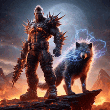 a man standing next to a wolf with lightning coming out of it 's eyes