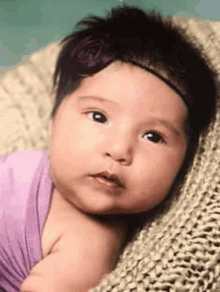 a baby girl wearing a purple headband is laying in a knitted basket .