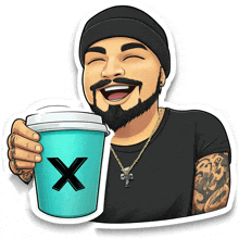 a cartoon of a man holding a cup with a letter x on it