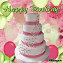 a happy birthday card with a pink and white cake