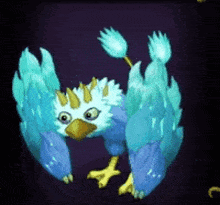 a cartoon bird with blue and white feathers and a yellow beak .