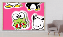 a picture of keroppi and pochacco on a pink background hangs on a wall