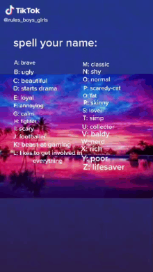 a screenshot of a tiktok with a list of words to spell your name