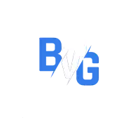 a blue and white logo with the letter b and g