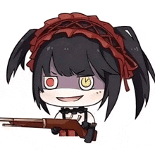 a cartoon girl with pigtails is holding a gun and smiling .