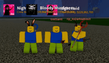 a group of roblox characters standing next to each other with the name bloody murderersaid in the upper left corner