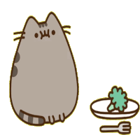 a cartoon cat is standing next to a plate of broccoli